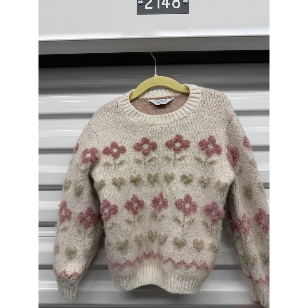 Primark Girls Cream Floral Heart Fuzzy Knit Sweater Pink Sage Green 3-4 Years